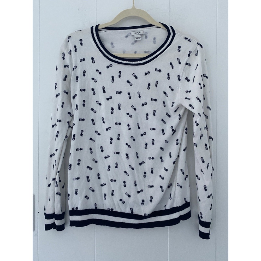 J.CREW Cotton Crew Neck Sweater Pineapple Print Sz Small White Navy Cotton